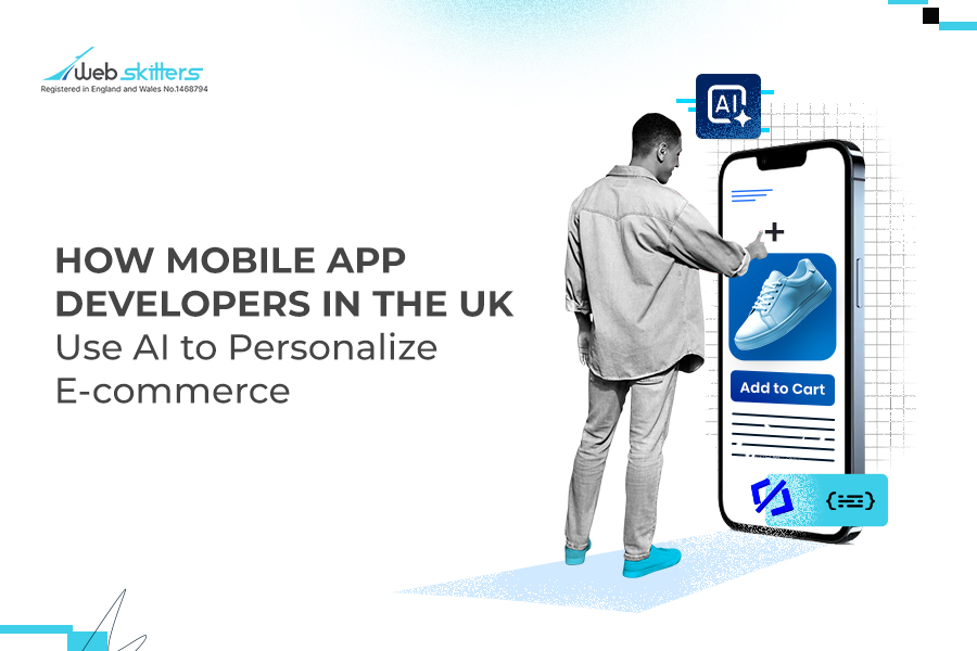 Mobile app developers in the UK using AI to personalize e-commerce on a smartphone interface.