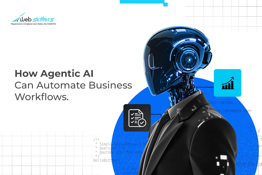 Futuristic humanoid robot in a suit with digital interface, alongside the text “How Agentic AI Can Automate Business Workflows,” representing AI-driven automation and efficiency in business processes.