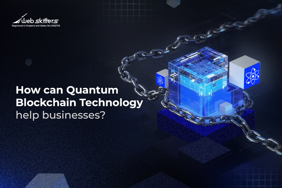 Blue glowing blockchain cube chained by metal links with the title 'How can Quantum Blockchain Technology help businesses?'