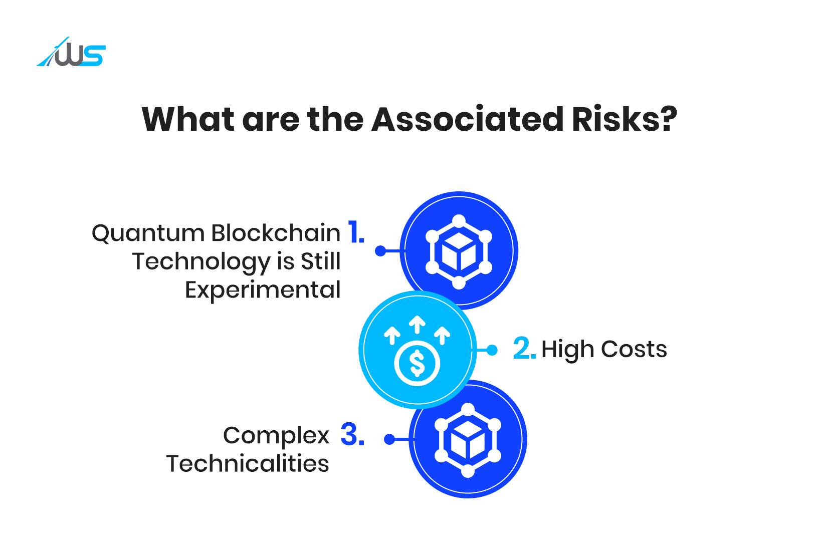 Infographic showing risks of quantum blockchain: 1) tech is experimental, 2) high costs, 3) complex technicalities; WS logo top left.