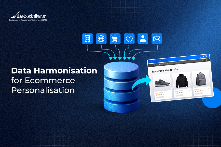 Illustration showing how data harmonisation improves personalisation in online stores, featuring connected customer data icons, a database, and personalised product recommendations on an eCommerce screen.