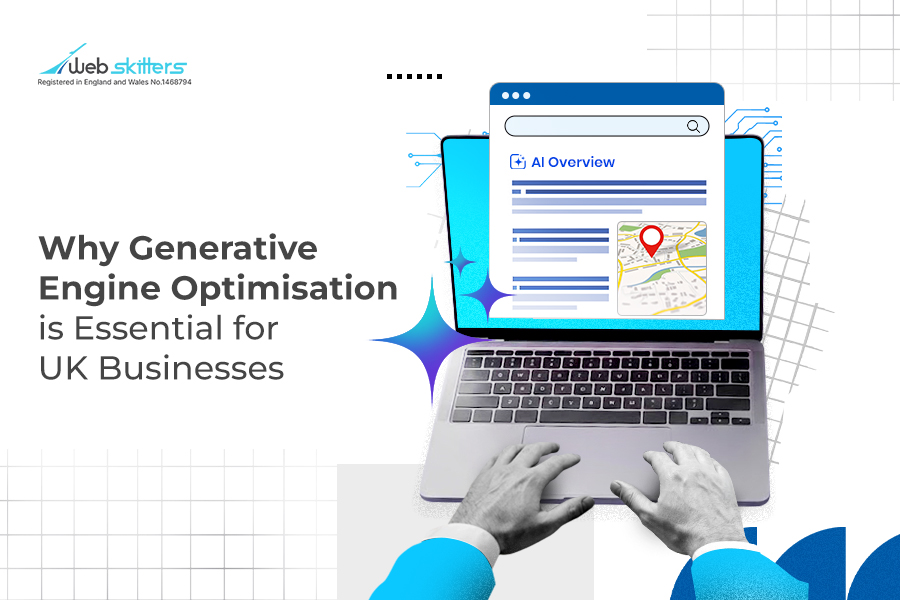 Illustration showing a laptop displaying an AI Overview search result with a map location pin, alongside the text "Why Generative Engine Optimisation is Essential for UK Businesses," highlighting the importance of GEO for improving online visibility in AI-powered search results.