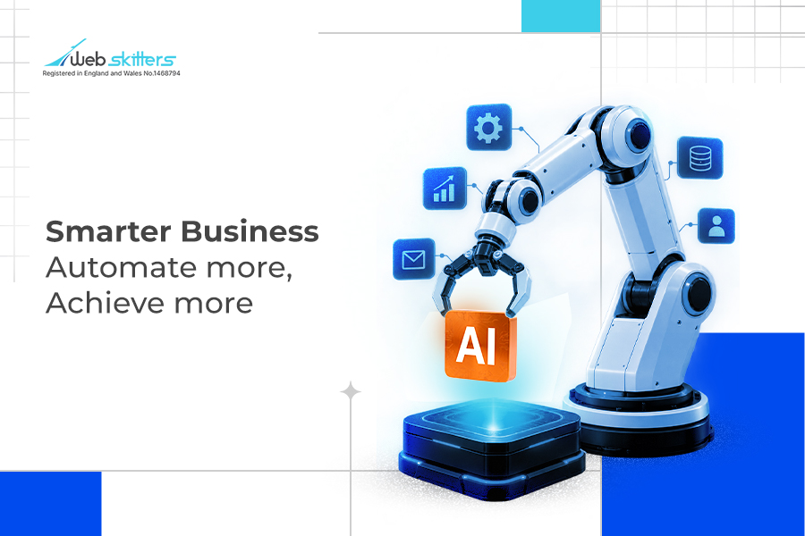 AI-powered robotic arm automating business tasks, with analytics, database, email, and user icons.