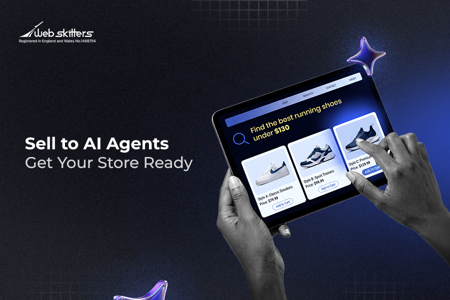 Hands holding a tablet showing AI-recommended running shoes, with the text “Sell to AI Agents: Get Your Store Ready.